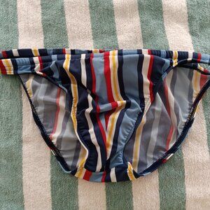 RARE VINTAGE 1" HOM SWIM BRIEF, SIZE 34", BLUES MULTI STRIPES (Pre-Owned) (*)